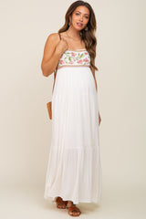 Cream Floral Embroidery Maternity Maxi Dress