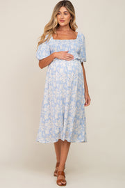 Light Blue Floral Smocked Maternity Midi Dress