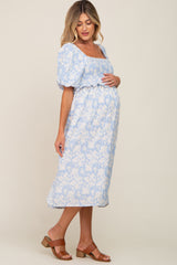 Light Blue Floral Smocked Maternity Midi Dress