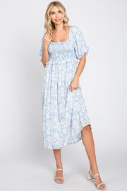 Light Blue Floral Smocked Midi Dress