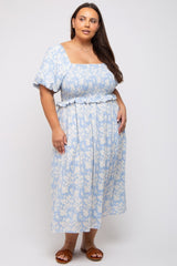 Light Blue Floral Smocked Maternity Plus Midi Dress