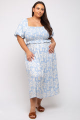 Light Blue Floral Smocked Plus Midi Dress