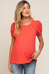 Coral Eyelet Lace Short Sleeve Maternity Top