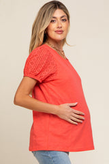 Coral Eyelet Lace Short Sleeve Maternity Top