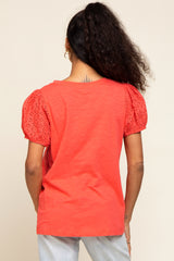 Coral Eyelet Lace Short Sleeve Top