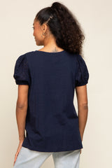 Navy Blue Eyelet Lace Short Sleeve Top