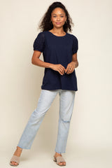 Navy Blue Eyelet Lace Short Sleeve Top