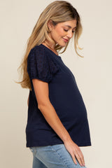 Navy Blue Eyelet Lace Short Sleeve Maternity Top