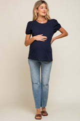 Navy Blue Eyelet Lace Short Sleeve Maternity Top