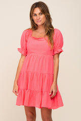 Coral Plaid Square Ruffle Neck Tiered Dress