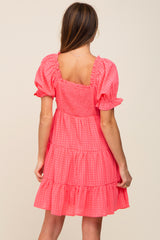 Coral Plaid Square Ruffle Neck Tiered Dress