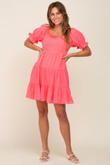 Coral Plaid Square Ruffle Neck Tiered Dress