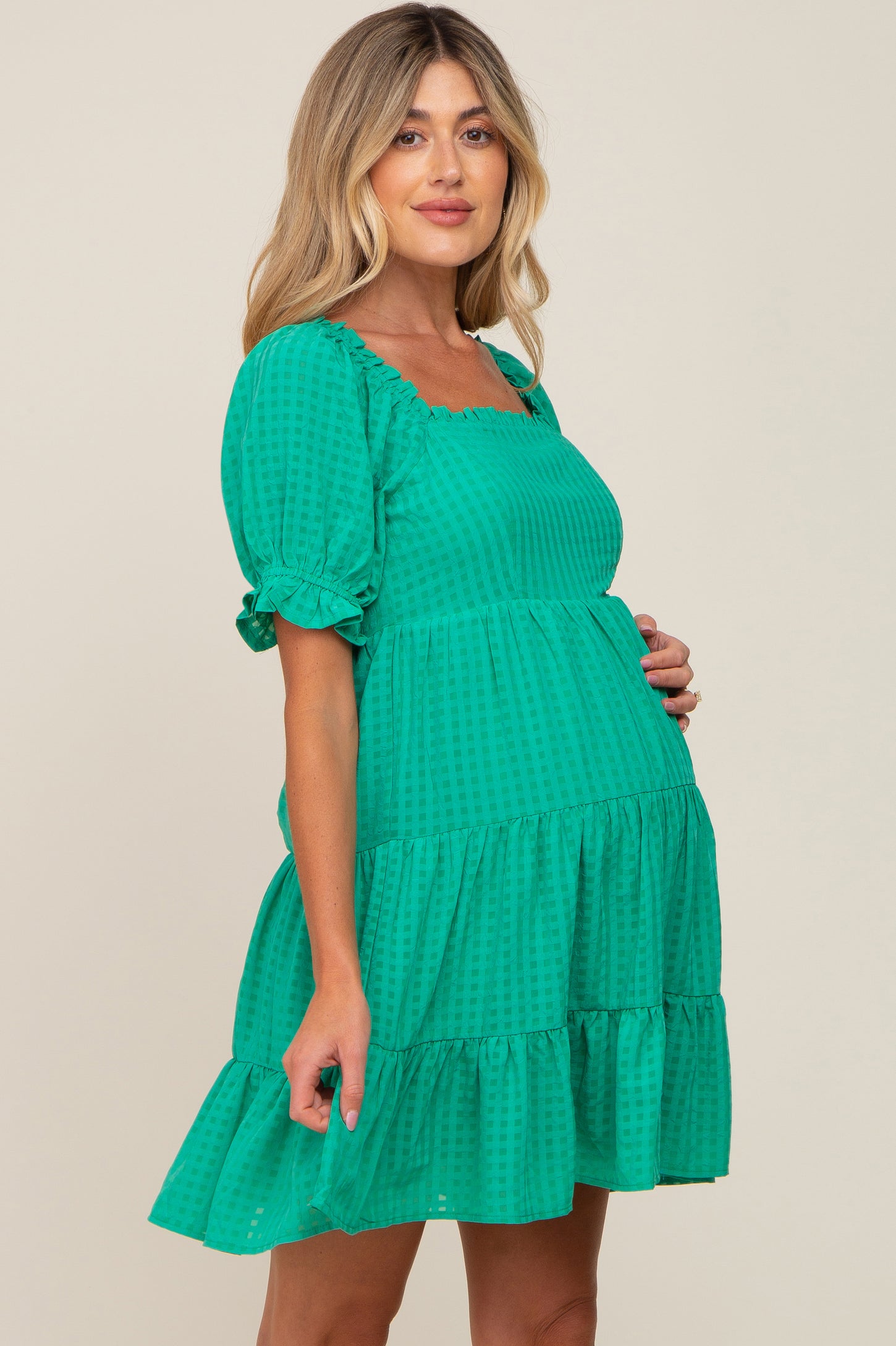 Green Watercolor Satin Pleated One-Shoulder Asymmetrical Maternity