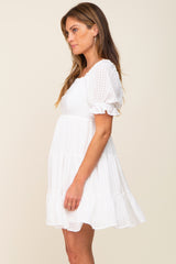 White Plaid Square Ruffle Neck Tiered Dress