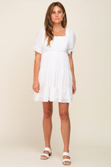 White Plaid Square Ruffle Neck Tiered Dress