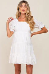 White Plaid Square Ruffle Neck Tiered Maternity Dress