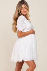 White Plaid Square Ruffle Neck Tiered Maternity Dress