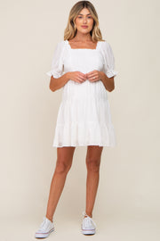 White Plaid Square Ruffle Neck Tiered Maternity Dress