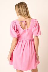 Hot Pink Washed Denim Puff Sleeve Babydoll Dress