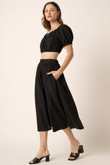 Black Crop Blouse With Midi Skirt Set
