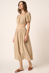 Taupe Crop Blouse With Midi Skirt Set