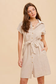 Beige Pin Stripe Belted Shirt Dress