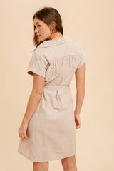 Beige Pin Stripe Belted Shirt Dress