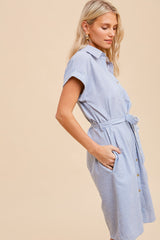 Light Blue Pin Stripe Belted Shirt Dress