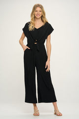 Black Short Sleeves V Neck Front Tie Woven Jumpsuit