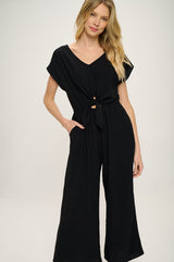 Black Short Sleeves V Neck Front Tie Woven Jumpsuit