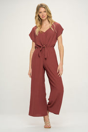 Rust Short Sleeves V Neck Front Tie Woven Jumpsuit