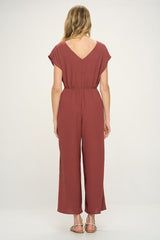 Rust Short Sleeves V Neck Front Tie Woven Jumpsuit