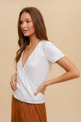 Ivory Lettuce Edge Short Sleeve Ribbed Wrap T-Shirt