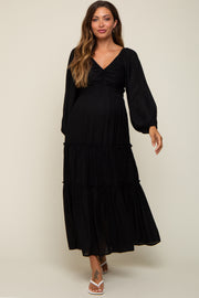 Black Ruched Front Cutout Back Tiered Maternity Maxi Dress