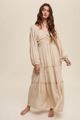 Beige Ruched Front Cutout Back Tiered Maxi Dress