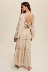 Beige Ruched Front Cutout Back Tiered Maxi Dress