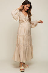 Beige Ruched Front Cutout Back Tiered Maternity Maxi Dress