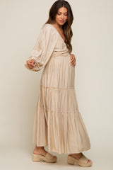 Beige Ruched Front Cutout Back Tiered Maternity Maxi Dress