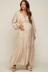 Beige Ruched Front Cutout Back Tiered Maternity Maxi Dress