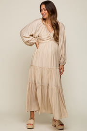 Beige Ruched Front Cutout Back Tiered Maternity Maxi Dress