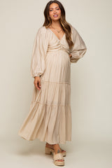 Beige Ruched Front Cutout Back Tiered Maternity Maxi Dress