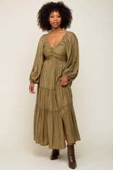 Olive Ruched Front Cutout Back Tiered Maternity Maxi Dress