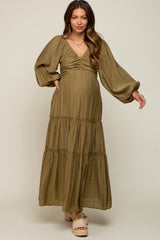 Olive Ruched Front Cutout Back Tiered Maternity Maxi Dress