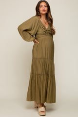 Olive Ruched Front Cutout Back Tiered Maternity Maxi Dress