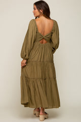 Olive Ruched Front Cutout Back Tiered Maternity Maxi Dress