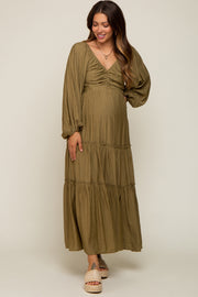 Olive Ruched Front Cutout Back Tiered Maternity Maxi Dress