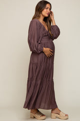 Brown Smocked Front Cutout Tiered Maternity Maxi Dress