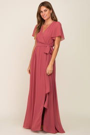 Mauve Chiffon Short Sleeve Wrap V-Neck Front Slit Maxi Dress