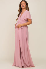 Pink Chiffon Short Sleeve Wrap V-Neck Front Slit Maternity Maxi Dress