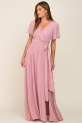 Pink Chiffon Short Sleeve Wrap V-Neck Front Slit Maternity Maxi Dress